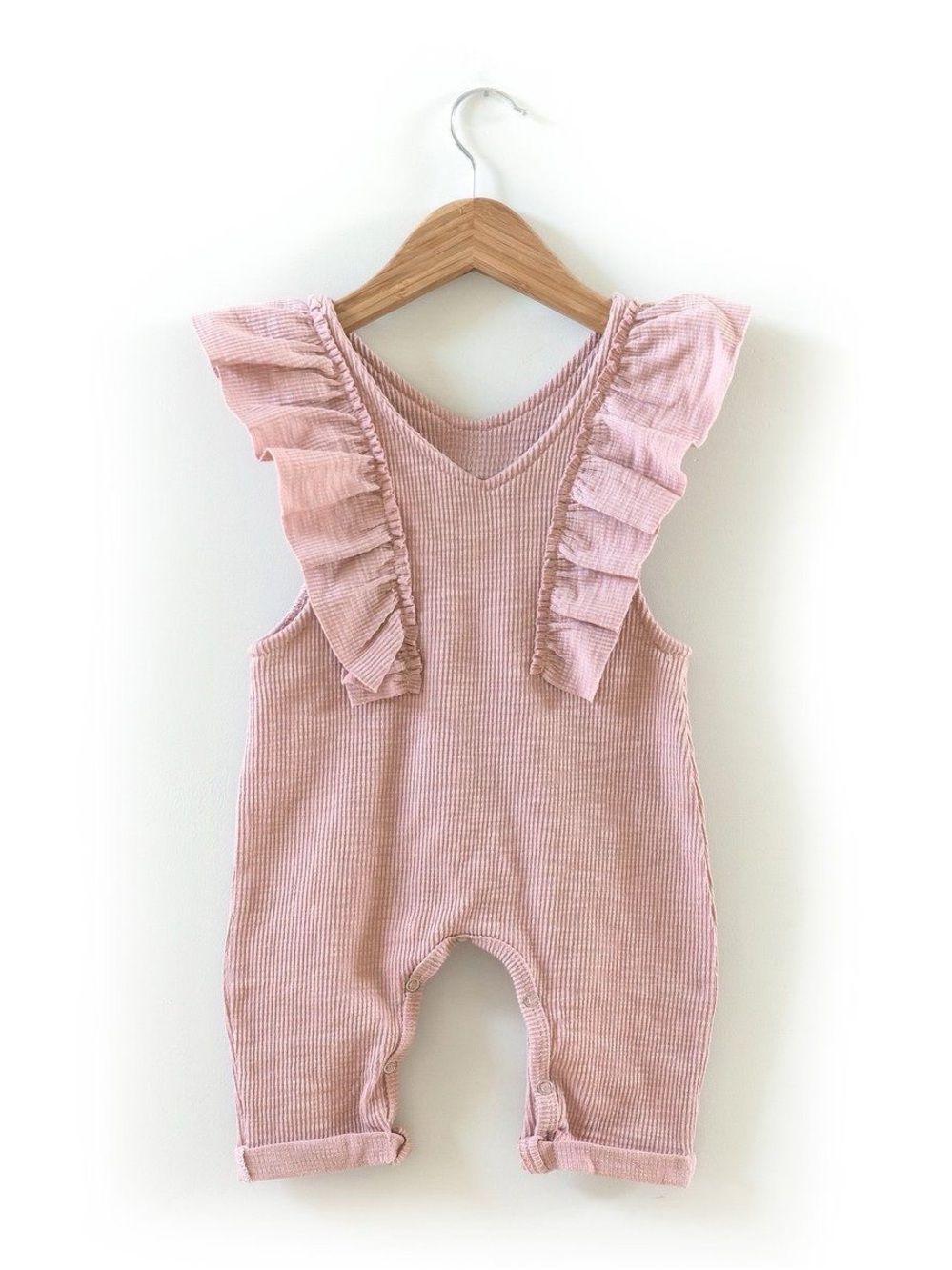 Ribbed Rose Pink Baby Romper with Ruffles, Sleeveless, 12-18mo